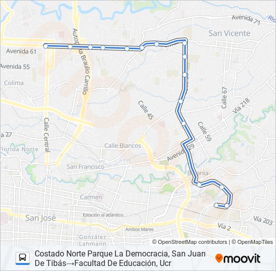 Mapa de TIBÁS - UNIVERSIDAD DE COSTA RICA de autobús