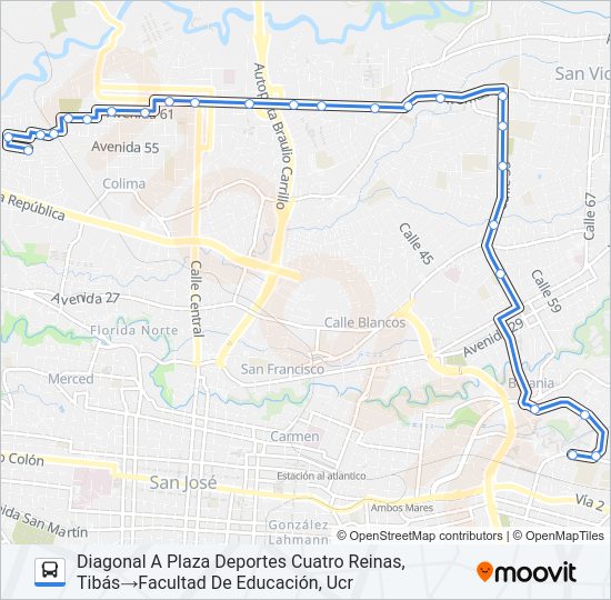 Mapa de TIBÁS - UNIVERSIDAD DE COSTA RICA de autobús