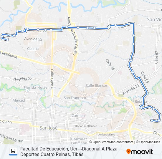Mapa de TIBÁS - UNIVERSIDAD DE COSTA RICA de autobús
