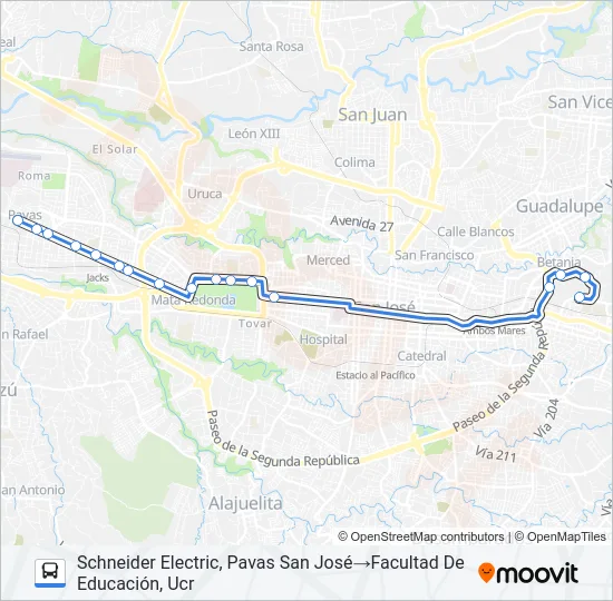 PAVAS - UNIVERSIDAD DE COSTA RICA Bus Line Map