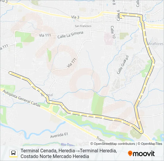 HEREDIA - CENADA - LAGUNILLA Bus Line Map
