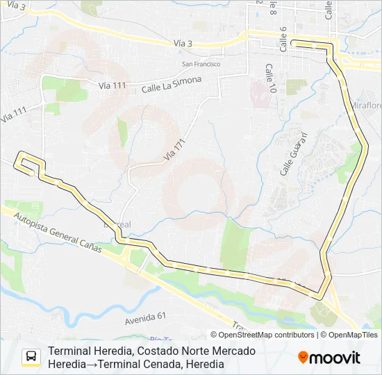 HEREDIA - CENADA - LAGUNILLA Bus Line Map