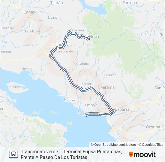 PUNTARENAS - LAS JUNTAS DE ABANGARES  -  CAÑITAS -  MONTEVERDE Bus Line Map