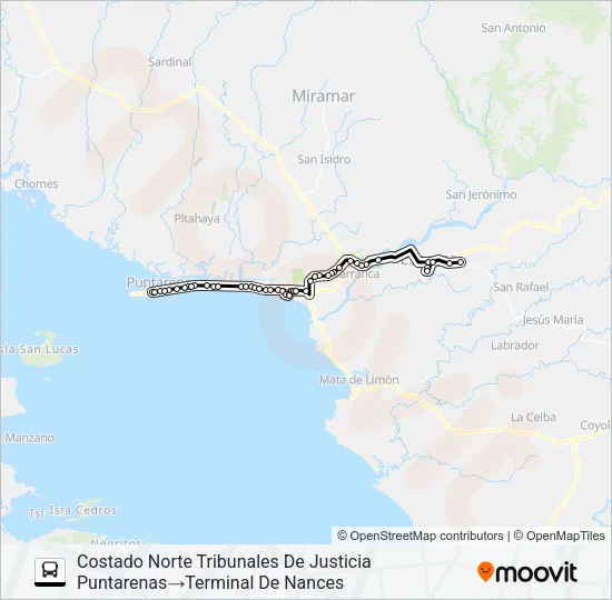 PUNTARENAS - ESPARZA - NANCES - MARAÑONAL POR COSTANERA Bus Line Map