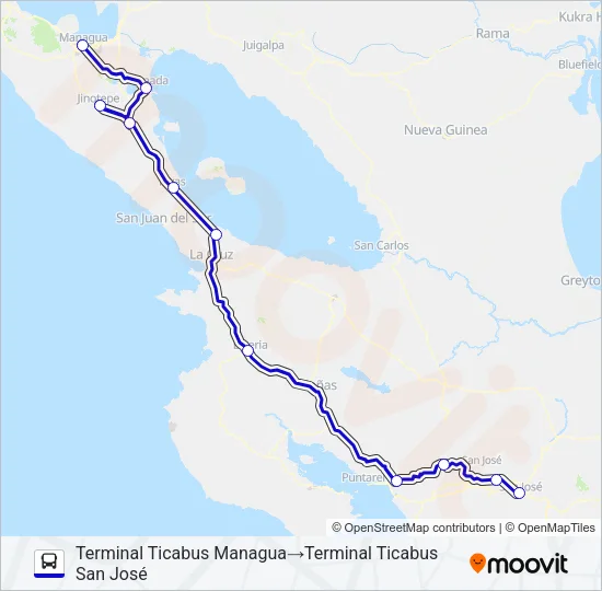 SAN JOSÉ - MANAGUA (NICARAGUA) Bus Line Map