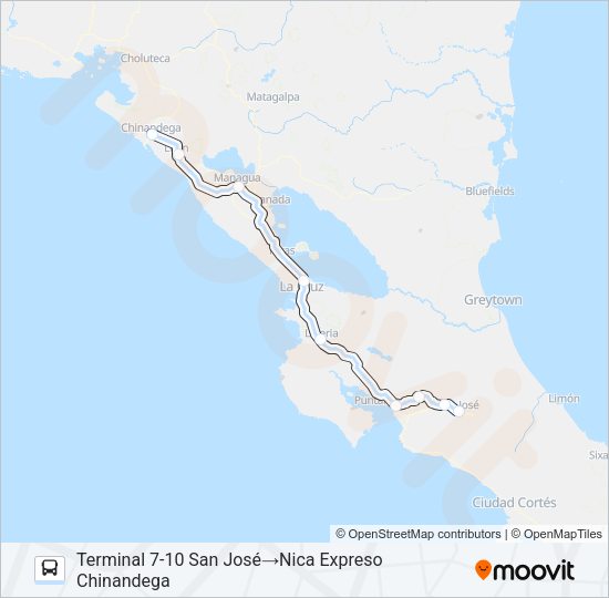 SAN JOSÉ - MANAGUA - LEÓN - CHINANDEGA (NICARAGUA) Bus Line Map