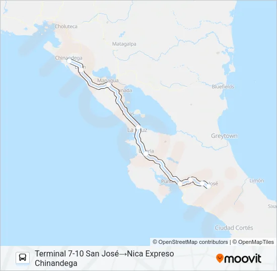 SAN JOSÉ - MANAGUA - LEÓN - CHINANDEGA (NICARAGUA) Bus Line Map