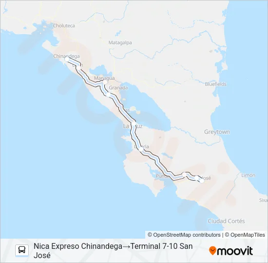 SAN JOSÉ - MANAGUA - LEÓN - CHINANDEGA (NICARAGUA) Bus Line Map