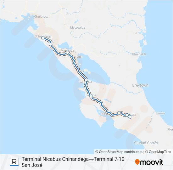 SAN JOSÉ - MANAGUA - LEÓN - CHINANDEGA (NICARAGUA) Bus Line Map