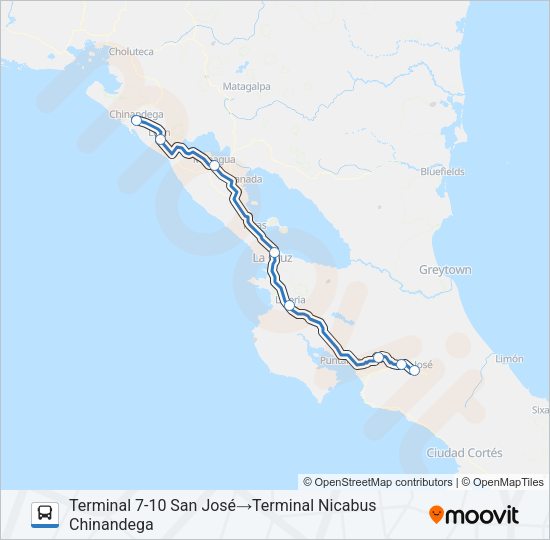 SAN JOSÉ - MANAGUA - LEÓN - CHINANDEGA (NICARAGUA) Bus Line Map