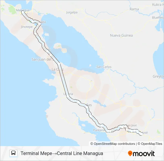SAN JOSÉ - MANAGUA Bus Line Map