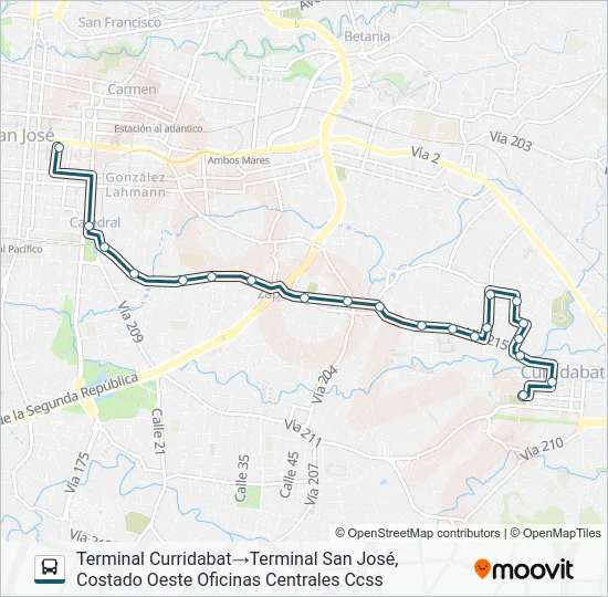 SAN JOSE - CURRIDABAT X ZAPOTE Bus Line Map