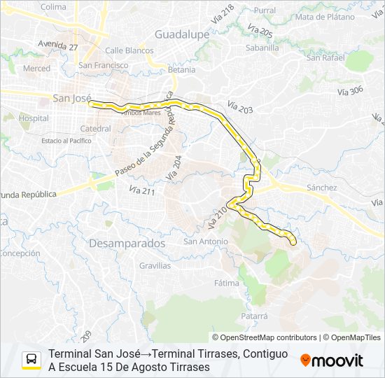 Mapa de SAN JOSÉ - TIRRASES POR CURRIDABAT de autobús