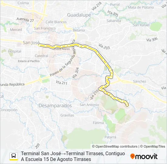 SAN JOSÉ - TIRRASES POR CURRIDABAT Bus Line Map