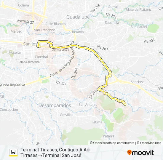 SAN JOSÉ - TIRRASES POR CURRIDABAT Bus Line Map