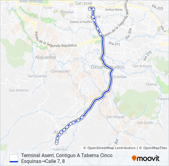 Mapa de ASERRÍ - SAN JOSÉ DIRECTO de autobús