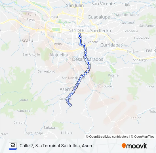 SAN JOSÉ - ASERRÍ - SALITRILLOS Bus Line Map