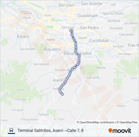 SAN JOSÉ - ASERRÍ - SALITRILLOS Bus Line Map