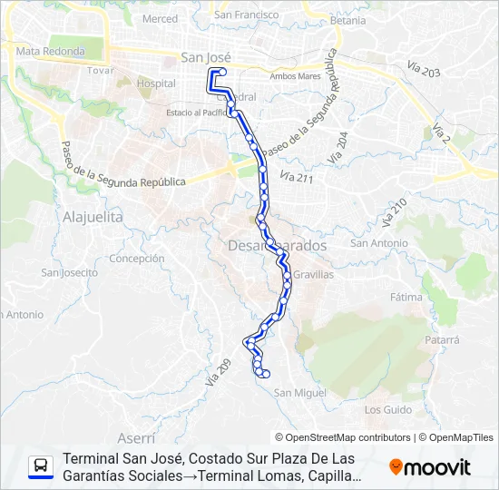 SAN JOSÉ - DESAMPARADOS - LOMAS Bus Line Map