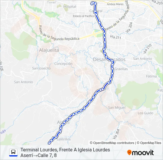 SAN JOSÉ - ASERRÍ - BARRIO LOURDES Bus Line Map