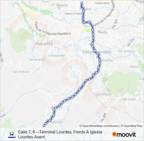 SAN JOSÉ - ASERRÍ - BARRIO LOURDES Bus Line Map