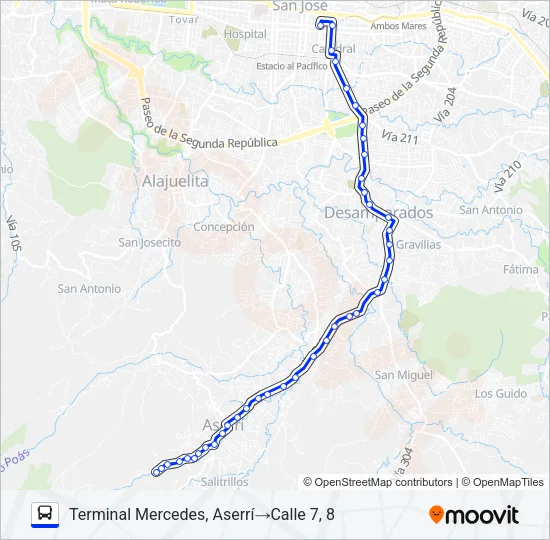 SAN JOSÉ - ASERRÍ - BARRIO MERCEDES Bus Line Map