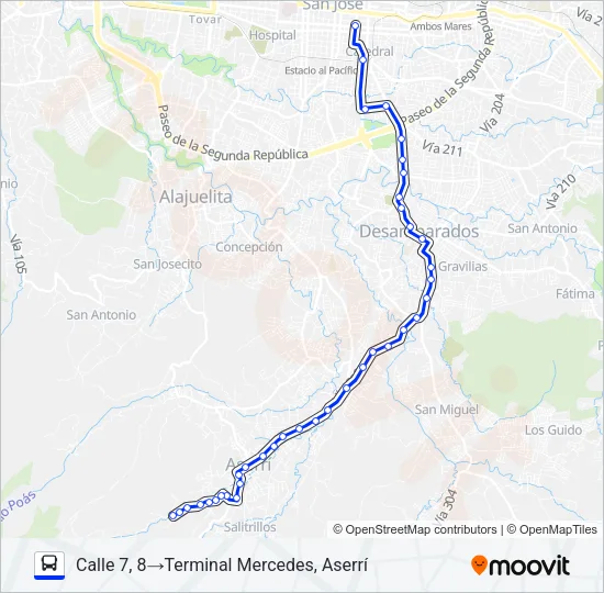 SAN JOSÉ - ASERRÍ - BARRIO MERCEDES Bus Line Map