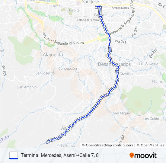 SAN JOSÉ - ASERRÍ - BARRIO MERCEDES bus Line Map