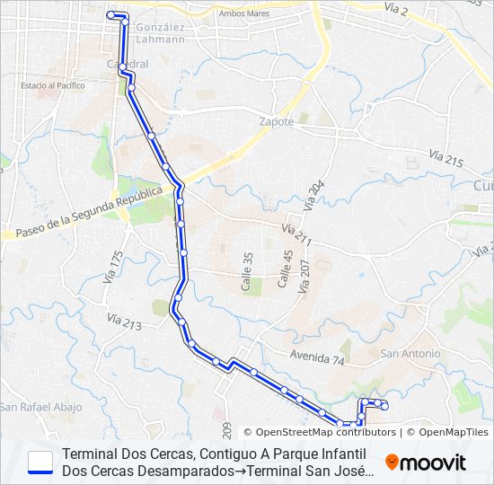 SAN JOSÉ - DESAMPARADOS - DOS CERCAS bus Line Map