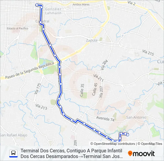 SAN JOSÉ - DESAMPARADOS - DOS CERCAS Bus Line Map