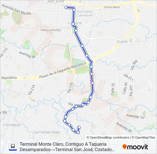 SAN JOSÉ - DESAMPARADOS - LOMA LINDA Bus Line Map