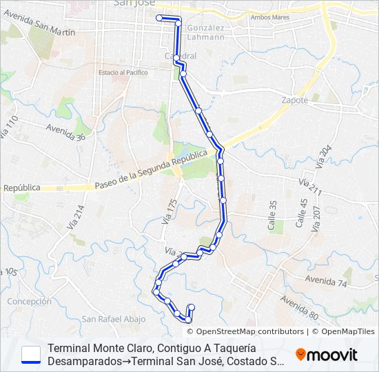 Mapa de SAN JOSÉ - DESAMPARADOS - LOMA LINDA de autobús
