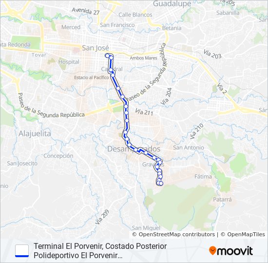 SAN JOSÉ - DESAMPARADOS - EL PORVENIR bus Line Map