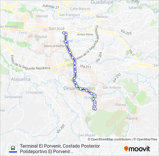 SAN JOSÉ - DESAMPARADOS - EL PORVENIR Bus Line Map