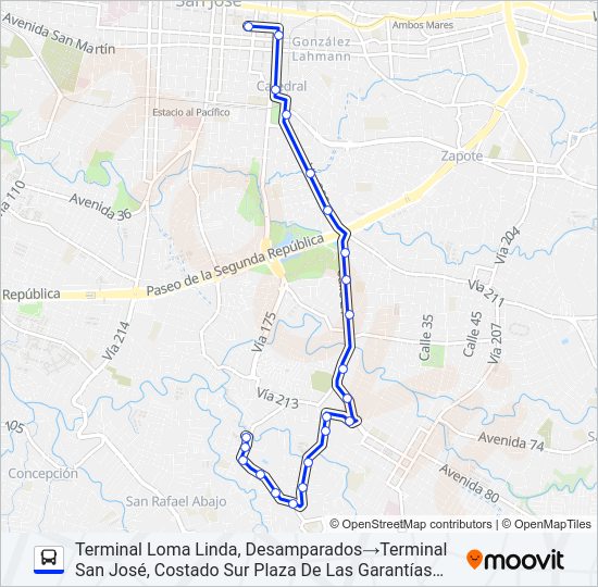SAN JOSÉ - DESAMPARADOS - MONTE CLARO Bus Line Map