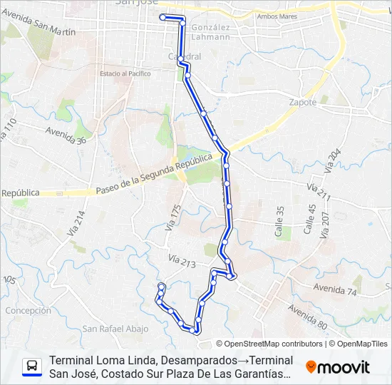 SAN JOSÉ - DESAMPARADOS - MONTE CLARO Bus Line Map