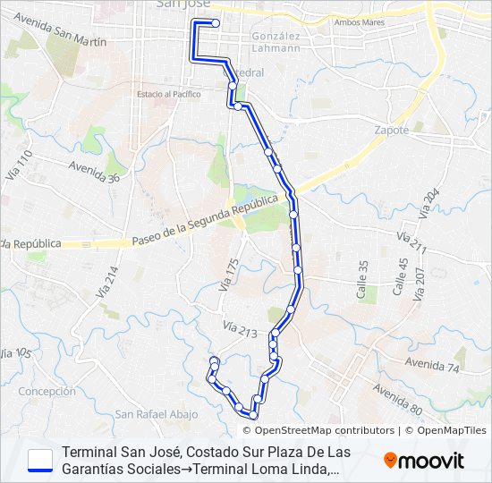 SAN JOSÉ - DESAMPARADOS - MONTE CLARO bus Line Map