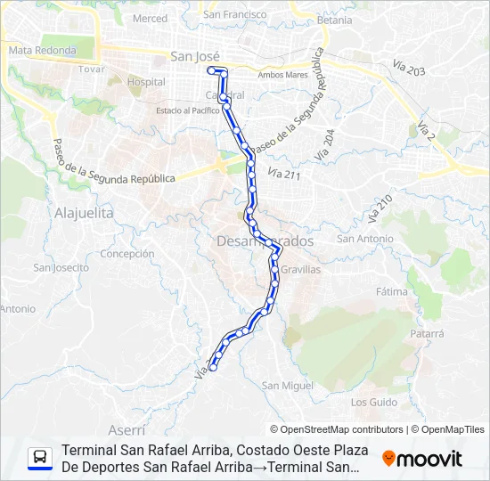 SAN JOSÉ - DESAMPARADOS - SAN RAFAEL ARRIBA Bus Line Map
