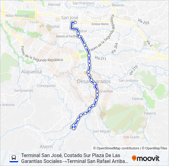 Mapa de SAN JOSÉ - DESAMPARADOS - SAN RAFAEL ARRIBA de autobús