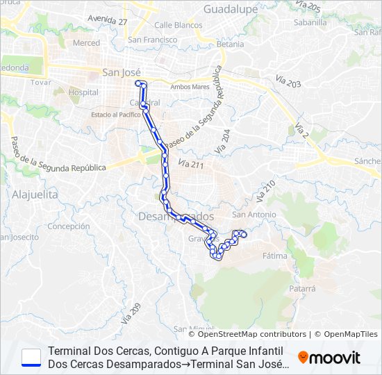 SAN JOSÉ - DESAMPARADOS - PORVENIR - DOS CERCAS bus Line Map