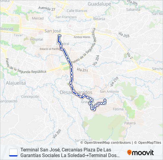 SAN JOSÉ - DESAMPARADOS - PORVENIR - DOS CERCAS bus Line Map