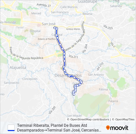 SAN JOSÉ - DESAMPARADOS - GRAVILIAS - VILLA NUEVA bus Line Map