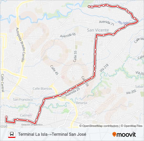 Mapa de SAN JOSÉ - MORAVIA - LA ISLA de autobús