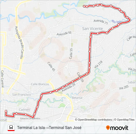SAN JOSÉ - MORAVIA - LA ISLA Bus Line Map