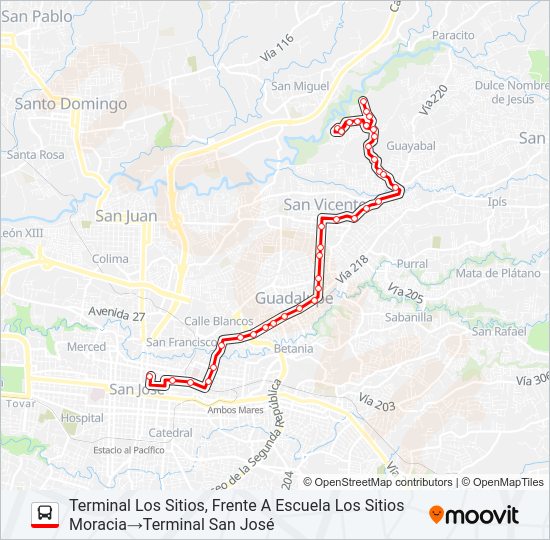 Mapa de SAN JOSÉ - MORAVIA - LOS SITIOS de autobús