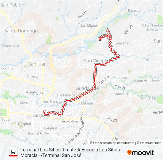SAN JOSÉ - MORAVIA - LOS SITIOS Bus Line Map