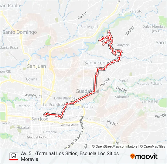 SAN JOSÉ - MORAVIA - LOS SITIOS Bus Line Map