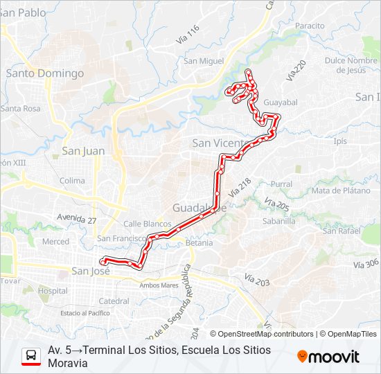 SAN JOSÉ - MORAVIA - LOS SITIOS bus Line Map