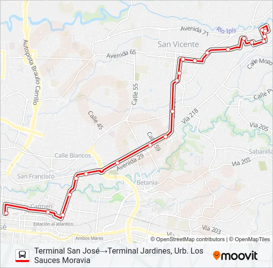 SAN JOSÉ - MORAVIA - JARDINES POR GUADALUPE Bus Line Map