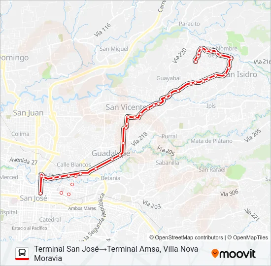 SAN JOSÉ - MORAVIA - DULCE NOMBRE DE CORONADO Bus Line Map
